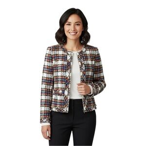 Lands End Tartan Plaid Full Zip Blazer with Fringe Details Size 4